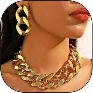Acrylic Gold Tone  Chunky Chain Elegant Necklace Earrings Set
